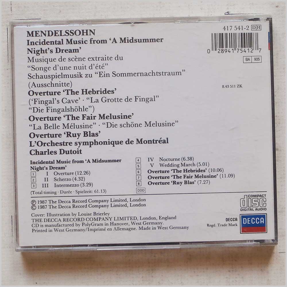 Charles Dutoit, L'Orchestre Symphonique de Montreal - Mendelssohn: A Midsummer Night's Dream, Overtures  (417 541-2) 