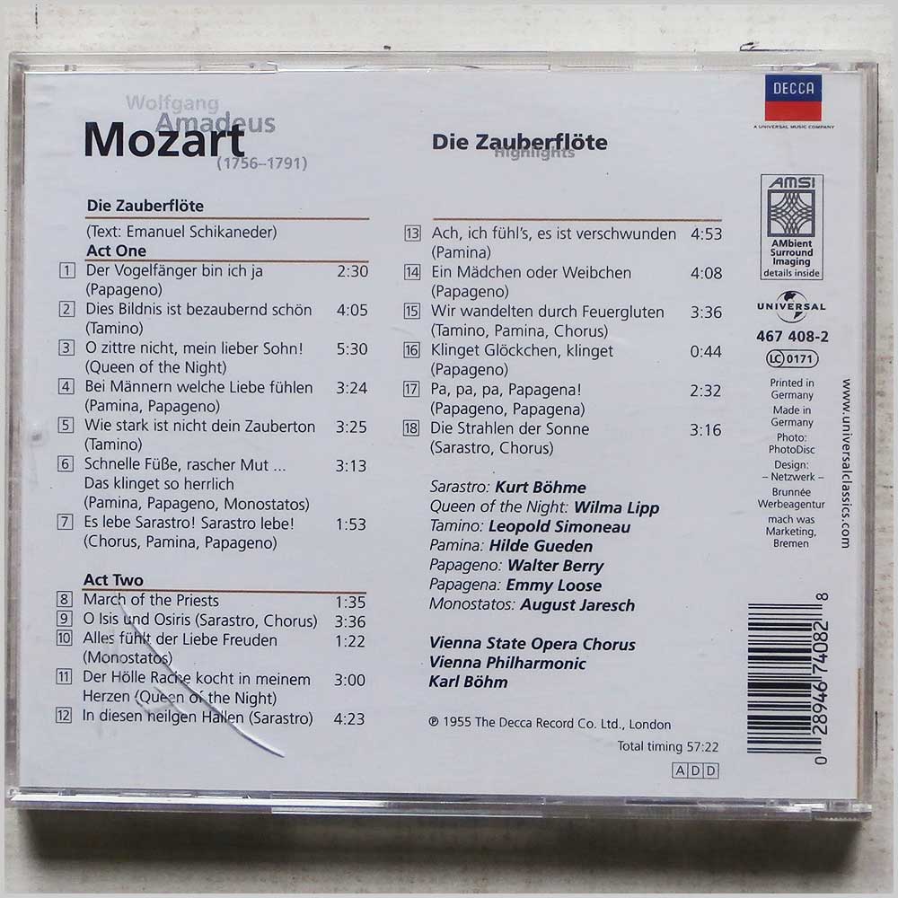 Karl Bohm, Vienna Sate Opera Chorus - Mozart: Die Zauberflote (Highlights)  (467 408-2) 