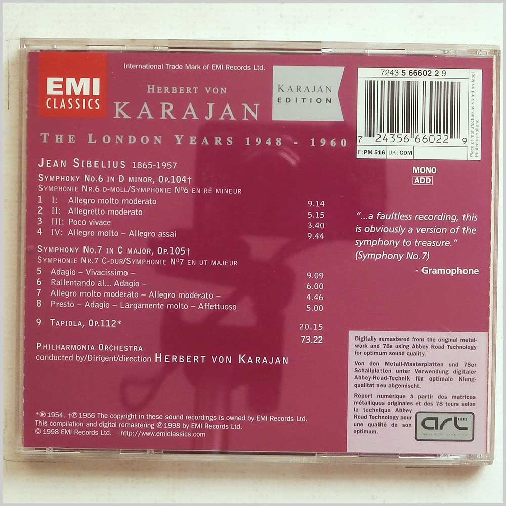 Herbert von Karajan - Jean Sibelius: Symphonies 6, 7, Tapiola  (724356660229) 