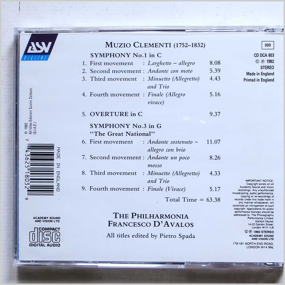 D'Avalos, Philharmonia Orchestra - Clementi: Symphony No. 1, Overture in C, Symphony No. 3  (743625180329) 
