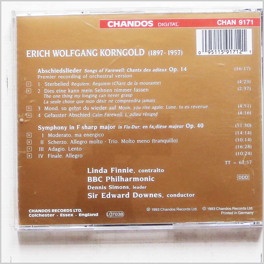 Linda Finnie, Edward Downes - Korngold: Symphony in F, Abschiedslieder  (95115917121) 
