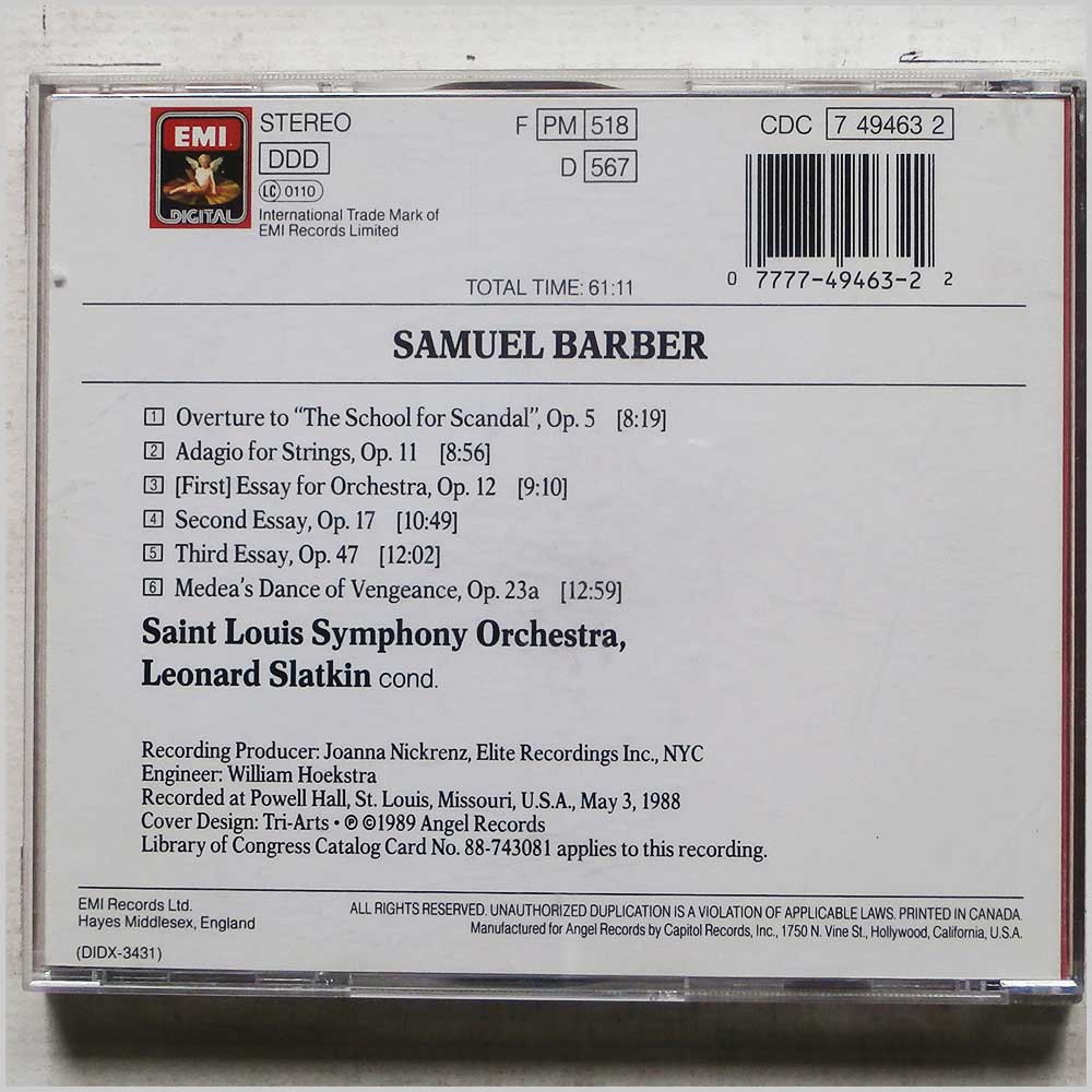 Leonard Slatkin, Saint Louis Symphony Orchestra - Music of Samuel Barber  (CDC 7 49463 2) 