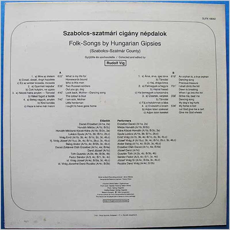Rudolf Vig - Folk Songs by Hungarian Gypsies (Szabolcs Szatmar County)  (SLPX 18082) 