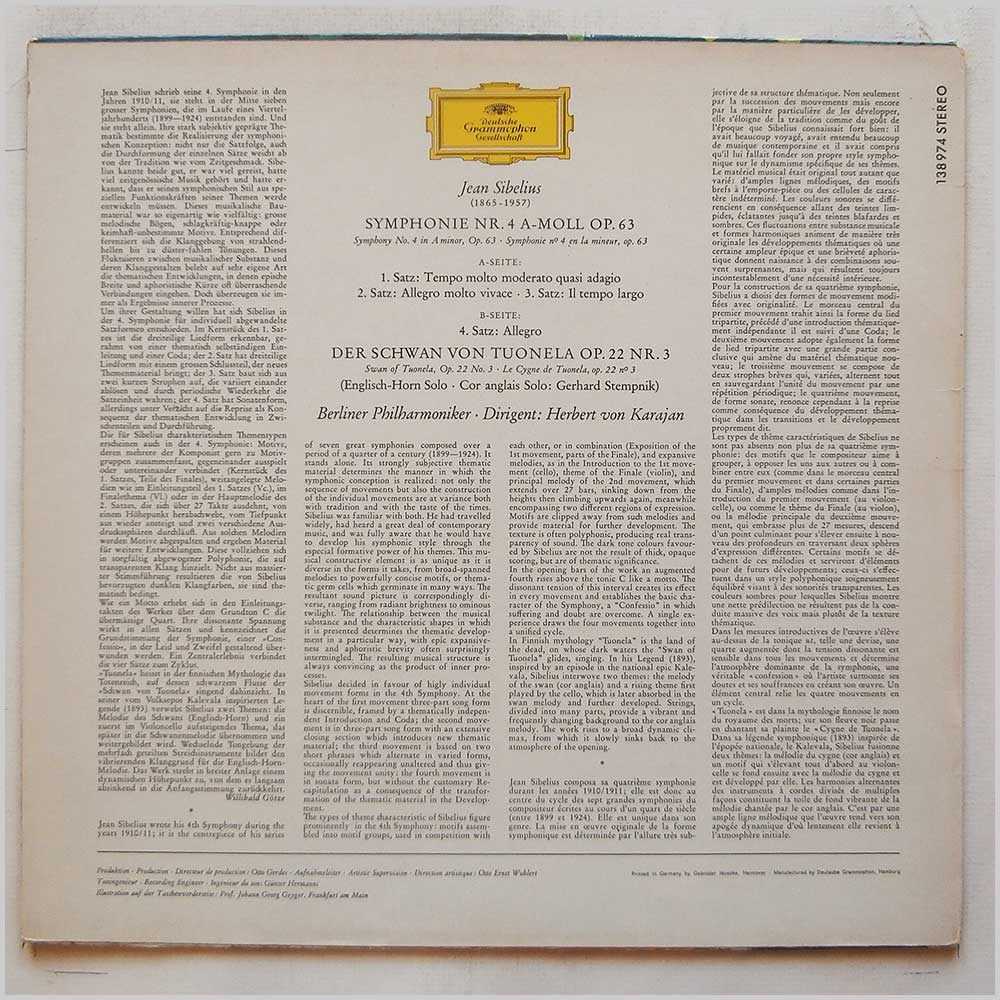 Herbert von Karajan, Berliner Philharmoniker - Jean Sibelius: Symphonie Nr. 4, Der Schwan Von Tuonela  (138 974) 