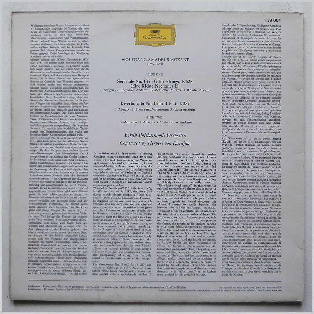 Herbert Von Karajan, Berlin Philharmonic Orchestra - Mozart: Serenade No.13 in G For Strings, Divertimento No.15 in B Flat  (139 004) 
