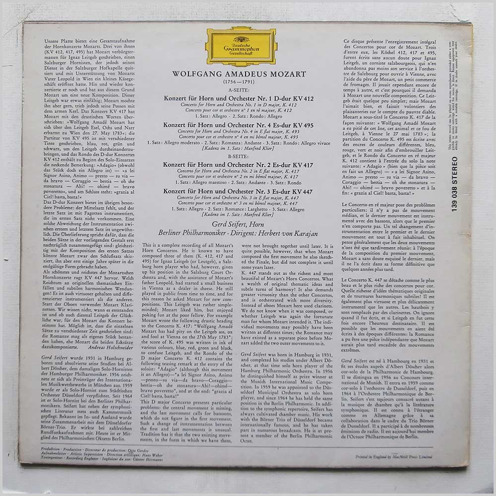 Gerd Seifert, Herbert Von Karajan, Berlin Philharmonic Orchestra - Wolfgang Amadeus Mozart: Horn Concertos K 412 417 447 495  (139 038) 