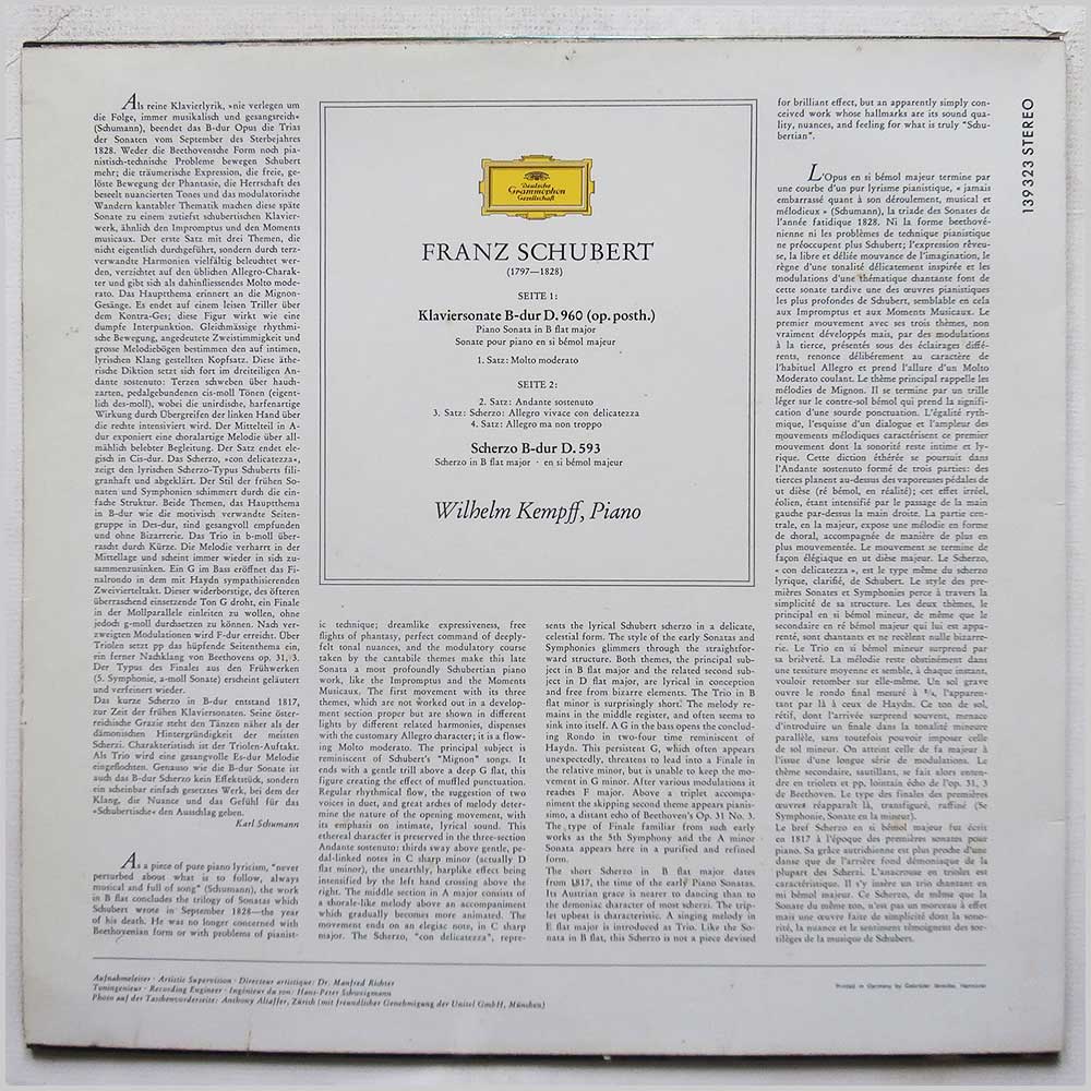 Wilhelm Kempff - Franz Schubert: Sonate B-dur D.960, Scherzo B-dur D. 593  (139 323) 