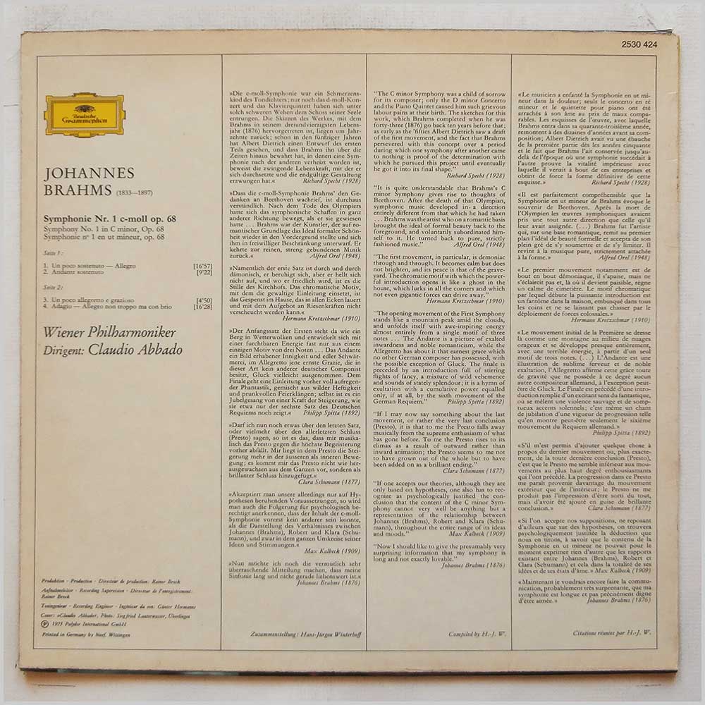 Claudio Abbado, Wiener Philharmoniker - Johannes Brahms: Symphonie Nr. 1  (2530 424) 