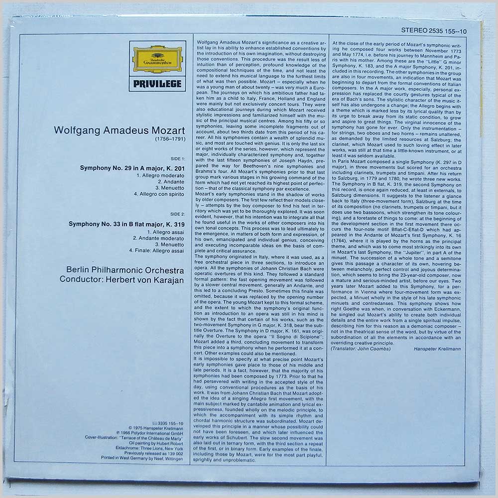 Herbert Von Karajan, Berlin Philharmonic Orchestra - Mozart: Symphonies Nos.29 and 33  (2535 155-10) 