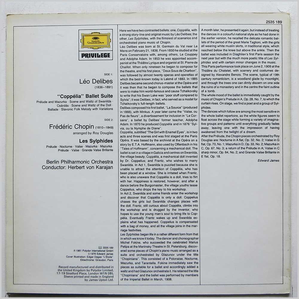 Herbert Von Karajan, Berlin Philharmonic Orchestra - Delibes: Coppelia Ballet Suite, Chopin: Les Sylphides  (2535 189) 