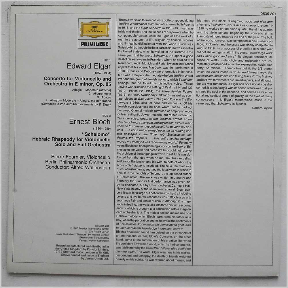 Pierre Fournier, Berlin Philharmonic Orchestra, Alfred Wallenstein - Elgar: Cello Concert In E Minor Op.85, Bloch: Schelomo  (2535 201) 