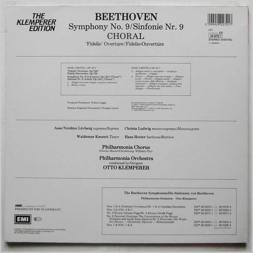 Otto Klemperer, Philharmonia Orchestra - Beethoven: Symphony No. 9, Choral  (29 0272 1) 
