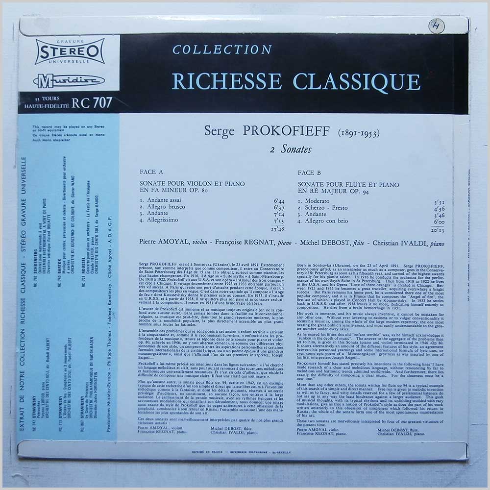 Pierre Amoyal, Francoise Regnat, Michel Debost, Christian Ivaldi - Prokofieff: 2 Sonates  (30 RC 707) 