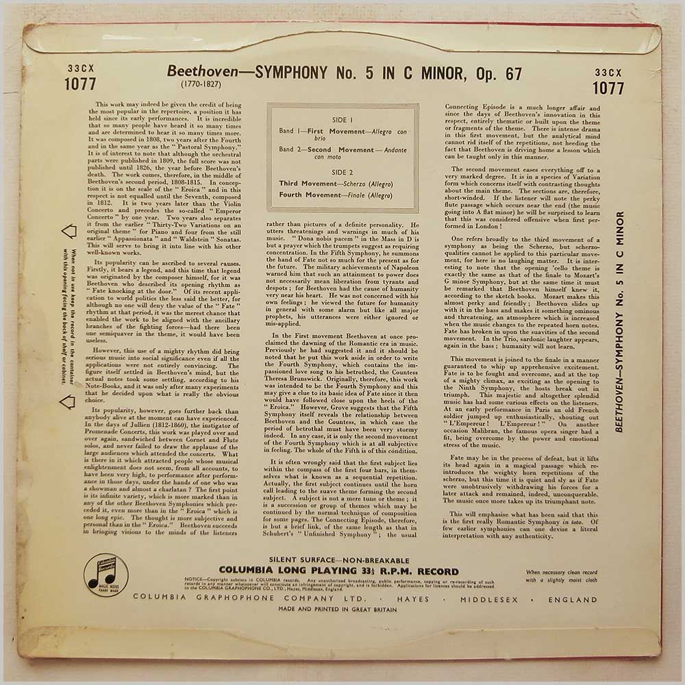 Bruno Walter, The Philharmonic Symphony Orchestra Of New York - Beethoven: Symphony No.5  (33CX 1077) 