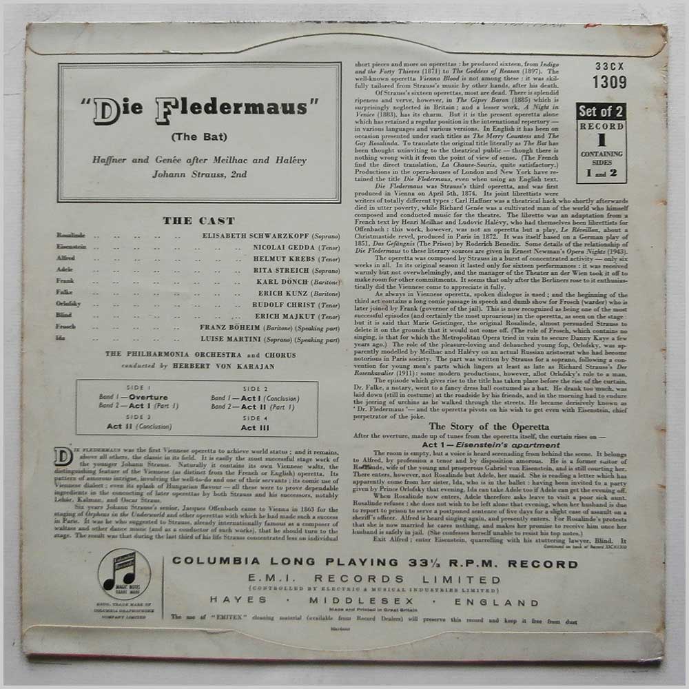 Elizabeth Schwarzkopf, Philharmonia Orchestra and Chorus, Herbert von Karajan - Johann Strauss: Die Fledermaus  (33CX 1309/1310) 