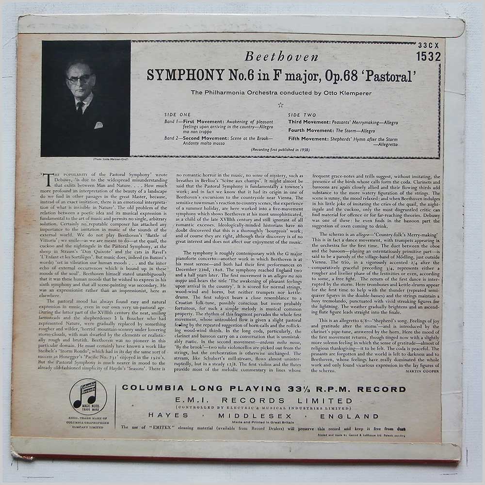 Otto Klemperer, Philharmonia Orchestra - The Beethoven Symphonies, Number 6 in F Major Pastoral  (33CX 1532) 