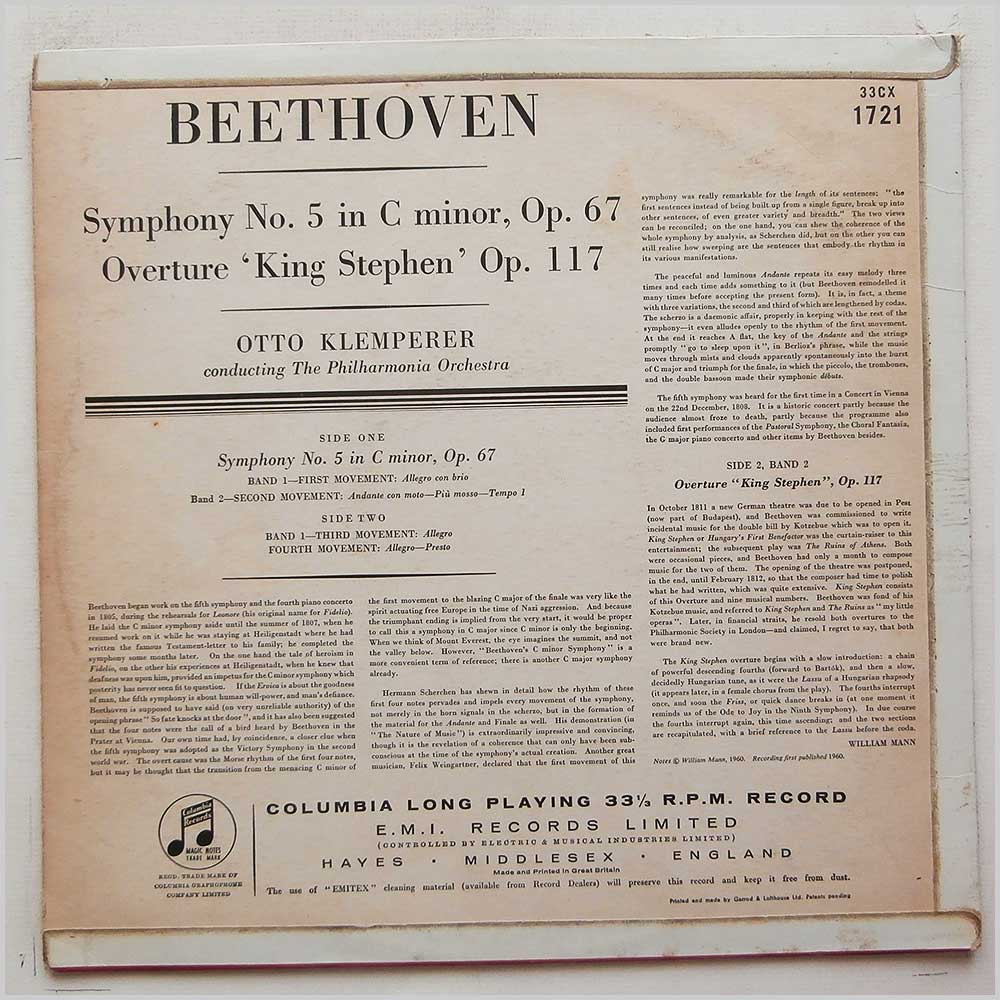 Otto Klemperer, Philharmonia Orchestra - The Beethoven Symphonies: Number 5 in C Minor Op. 67, Overture King Stephen Op. 117  (33CX 1721) 