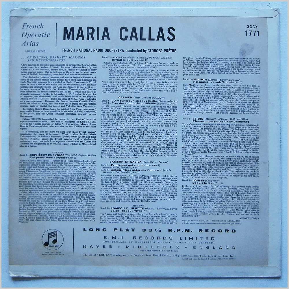Maria Callas, Orchestre National De La RTF, Georges Pretre - Maria Callas Sings Great Arias From French Operas  (33CX 1771) 