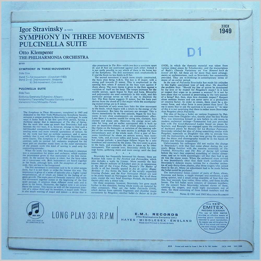 Otto Klemperer, Philharmonia Orchestra - Stravinsky: Symphony in Three Movements, Pulcinella Suite  (33CX 1949) 