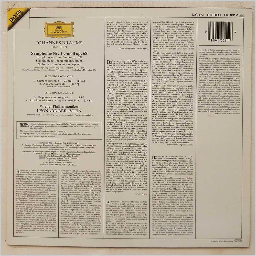 Leonard Bernstein, Wiener Philharmoniker - Brahms: Symphonie No. 1  (410 081-1) 