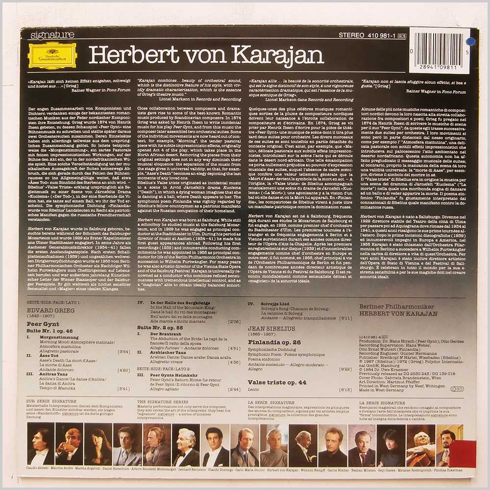 Herbert Von Karajan, Berliner Philharmoniker - Greig: Peer Gynt Suites Nos. 1 and 2, Sibelius: Finlandia Valse Triste  (410 981-1) 