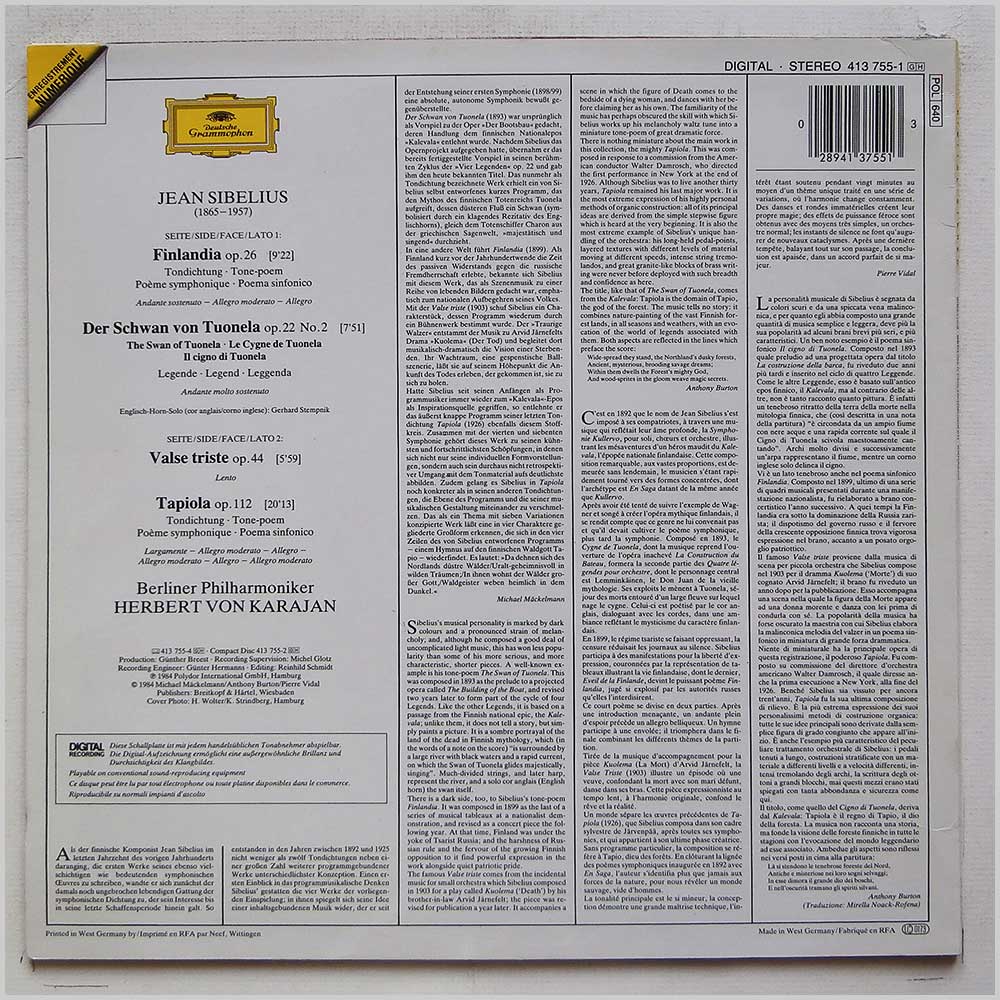 Herbert Von Karajan, Berliner Philharmoniker - Jean Sibelius: Finlandia. Valse Triste, Tapiola, Der Schwan Von Tuonela  (413 755-1) 