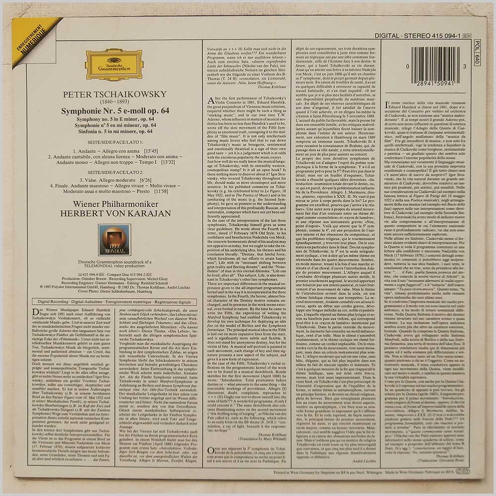Herbert Von Karajan, Wiener Philharmoniker - Tschaikowsky: Symphonie No.5  (415 094-1) 