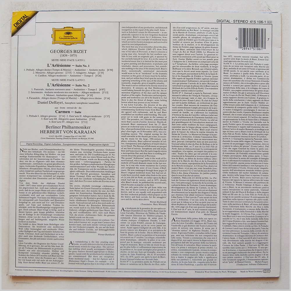 Herbert von Karajan, Berliner Philharmoniker - Bizet: L'Arlesienne-Suites Nos. 1 and 2, Carmen-Suite  (415 106-1) 