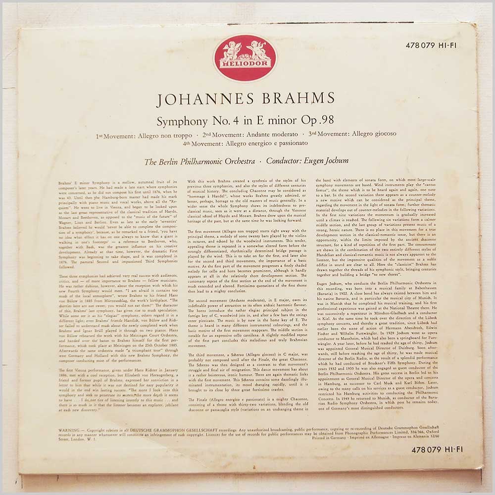 Eugen Jochum, The Berlin Philharmonic Orchestra - Johannes Brahms: Symphony No.4 in E Minor  (478 079) 