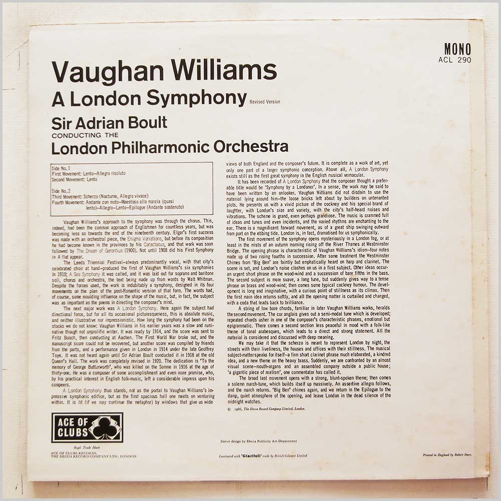 Sir Adrian Boult, London Philharmonic Orchestra - Vaughn Williams: A London Symphony  (ACL 290) 