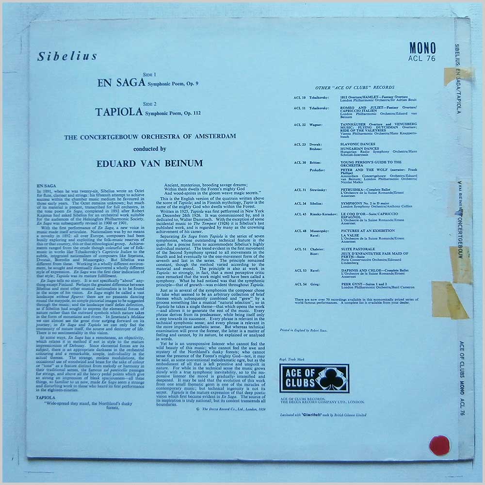 Eduard van Beinum, Concertgebouw Orchestra Of Amsterdam - Sibelius: En Saga, Tapiola  (ACL 76) 