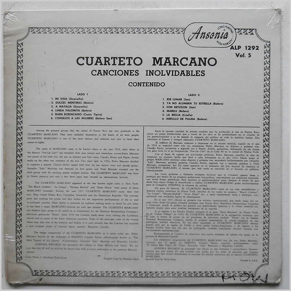Cuarteto Marcano - Cuarteto Marcano Canciones Inolvidables Vol. 5  (ALP 1292) 