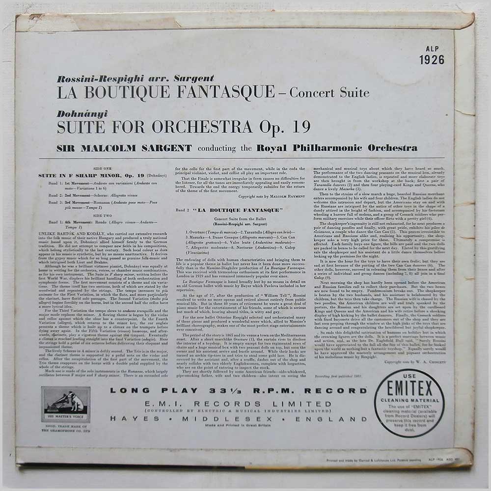 Sir Malcolm Sargent, The Royal Philharmonic Orchestra - Rossini-Respighi: La Boutique Fantasque Concert Suite, Dohnanyi: Suite For Orchestra Opus 19  (ALP 1926) 