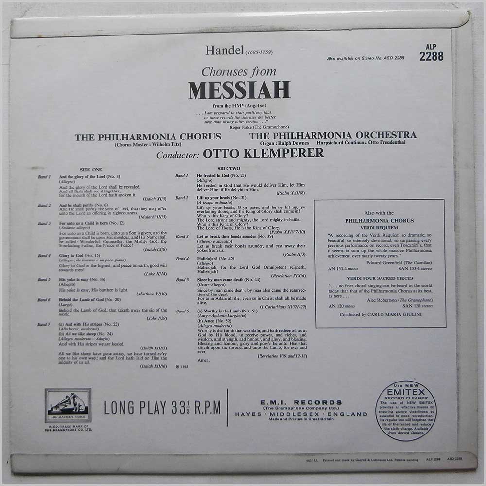 Otto Klemperer, The Philharmonia Chorus, Wilhelm Pitz, The Philharmonia Orchestra - Handel: Choruses From Messiah  (ALP 2288) 