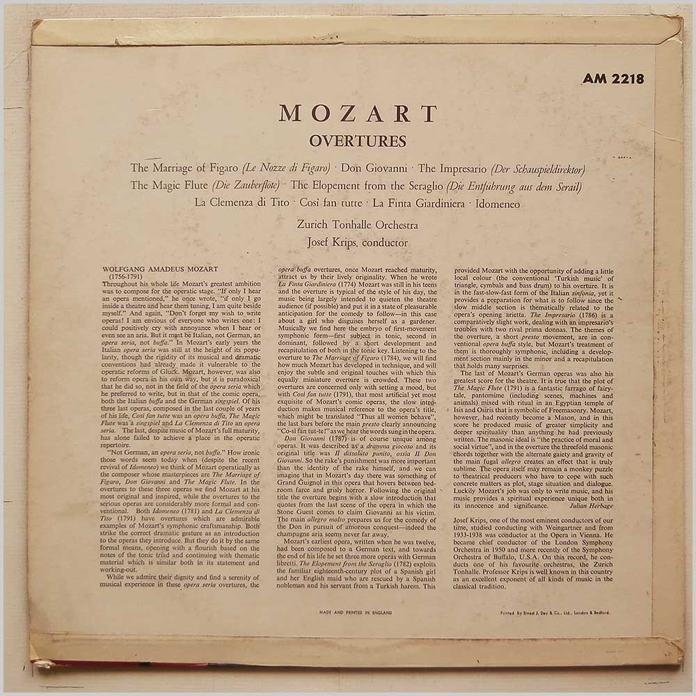 Josef Krips, Zurich Tonhalle Orchestra - Mozart: Overtures  (AM 2218) 