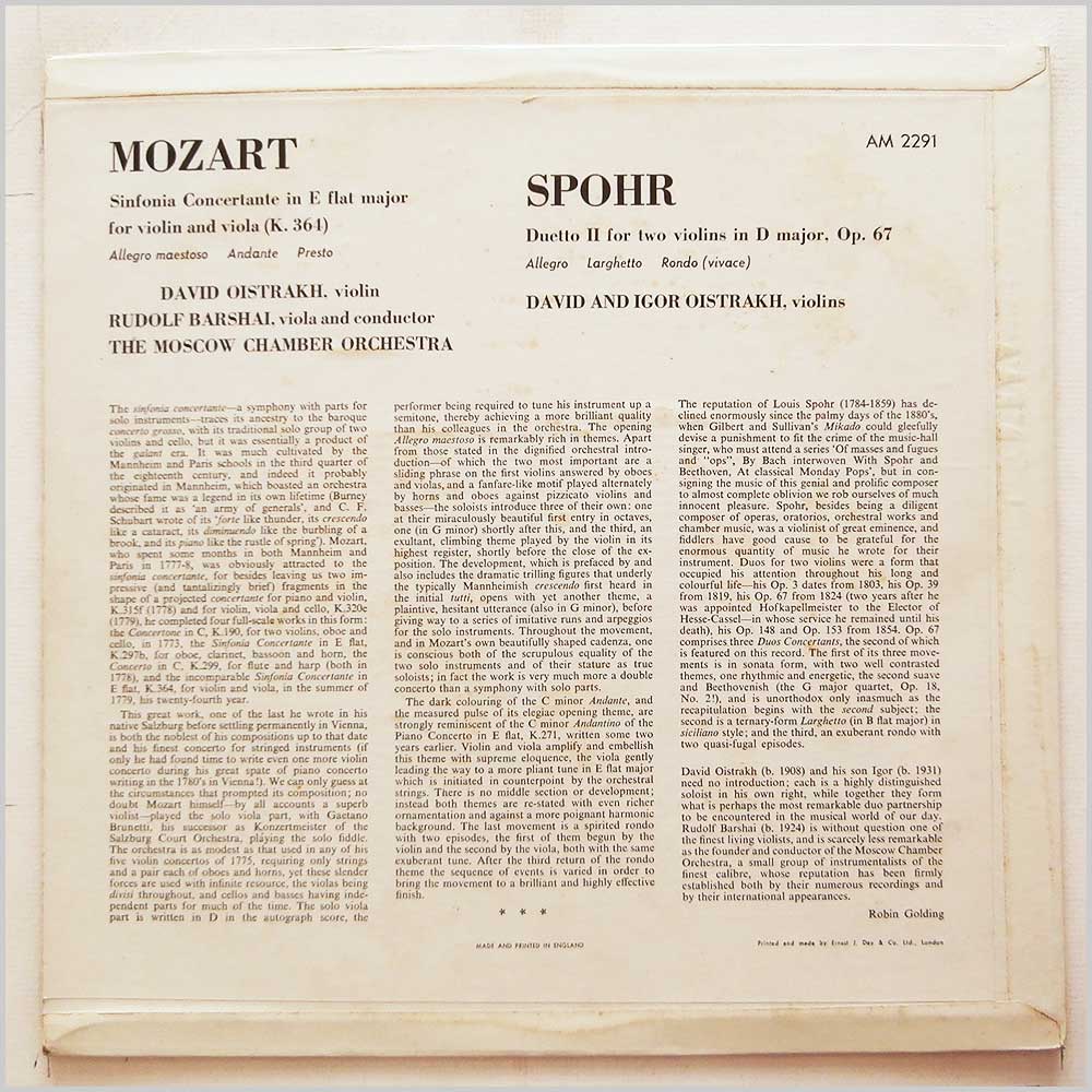 David Oistrakh, Igor Oistrakh, Rudolf Barshai - Mozart: Symphony Concertante For Violin and Viola, Spohr: Duetto For Two Violins  (AM-2291) 