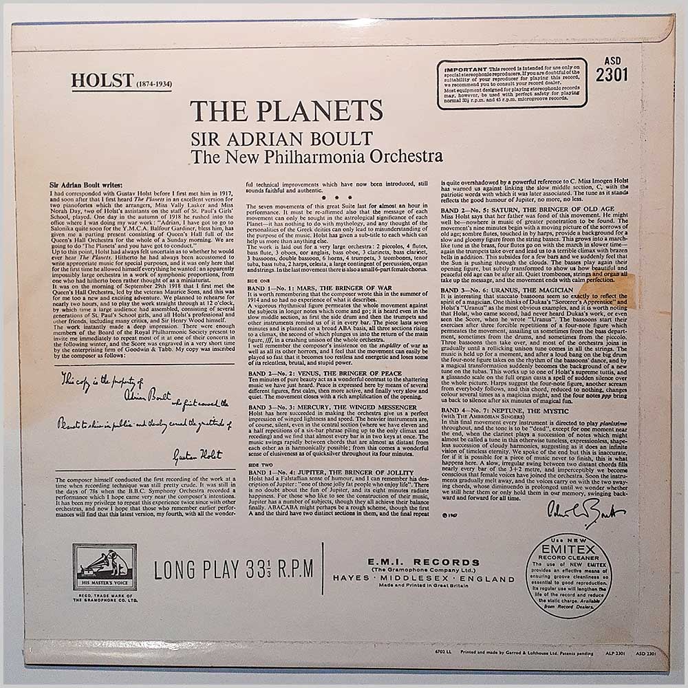 Sir Adrian Boult, The New Philharmonia Orchestra with Chorus - Holst: The Planets  (ASD 2301) 