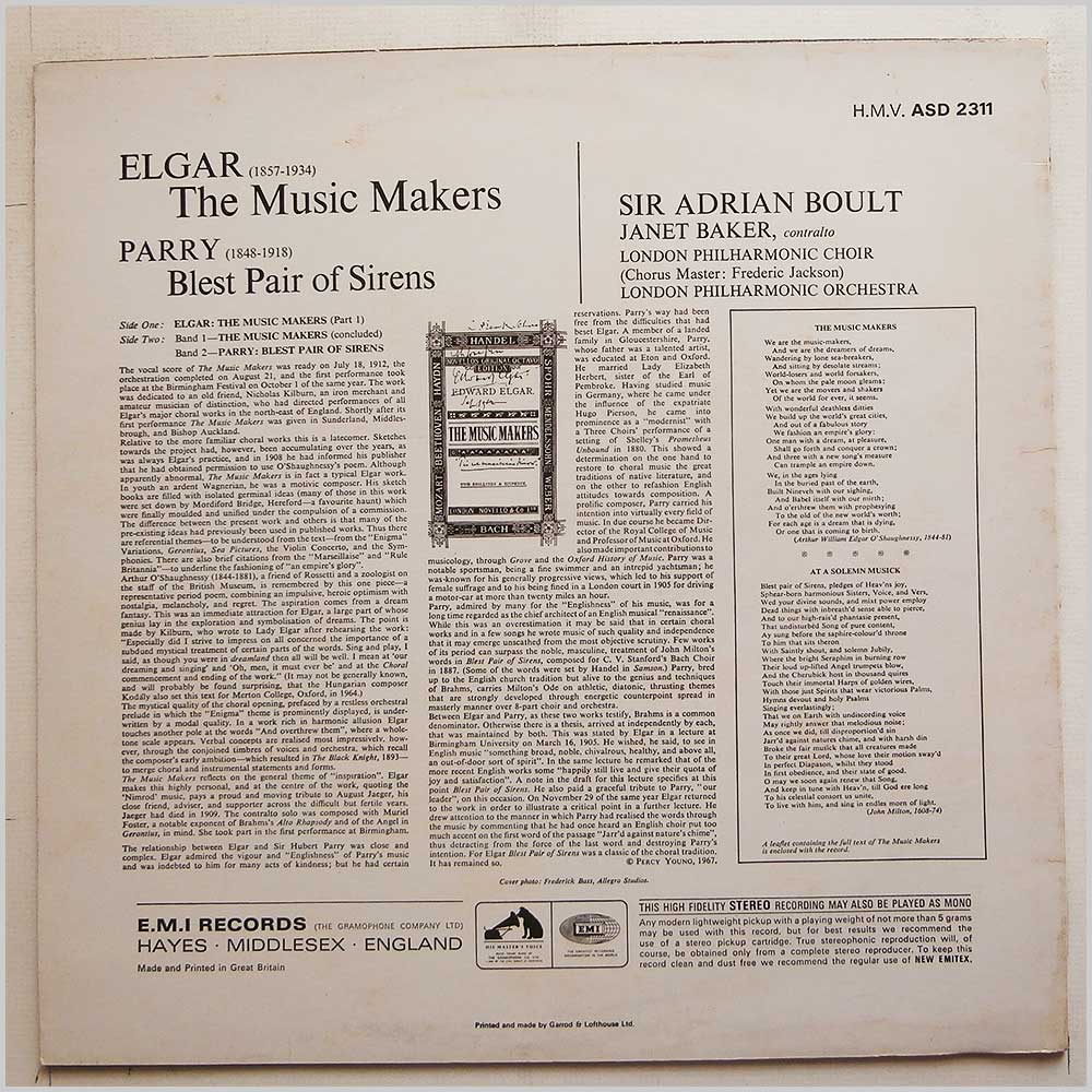 Sir Adrian Boult, London Philharmonic Choir and Orchestra - Elgar: The Music Makers, Parry: Blest Pair Of Sirens  (ASD 2311) 