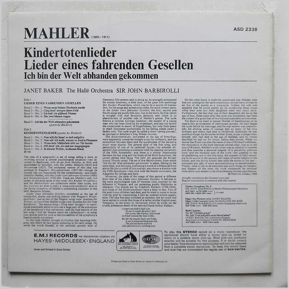 Janet Baker, Halle Orchestra, Sir John Barbirolli - Janet Baker Sings Mahler: Kindertotenlieder, Lieder Eines Fahrenden Gesellen, Ich Bin Der Welt Abhanden Gekommen  (ASD 2338) 