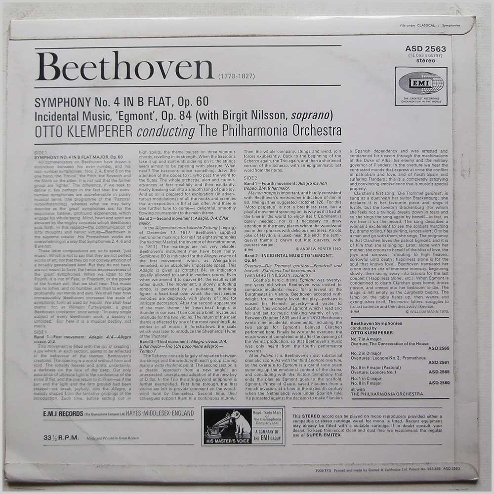 Otto Klemperer, The Philharmonia Orchestra, Birgit Nilsson - Beethoven: The Beethoven Symphonies: Number 4 in B Flat, Egmont Incidental Music  (ASD 2563) 