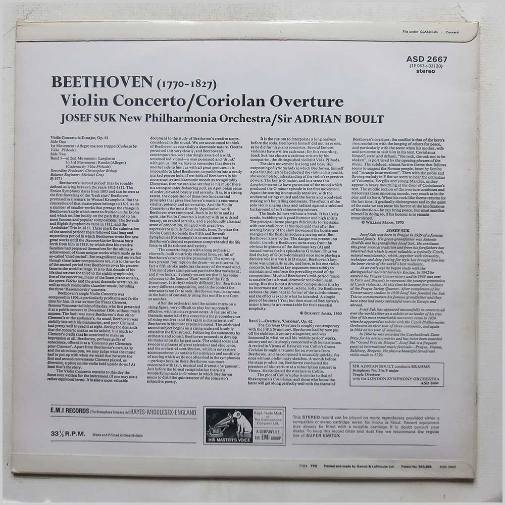 Josef Suk, New Philharmonia Orchestra, Sir Adrian Boult - Beethoven: Violin Concerto, Coriolan Overture  (ASD 2667) 