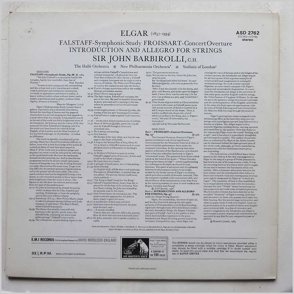 Sir John Barbirolli, Halle Orchestra, New Philharmonia Orchestra, The Sinfonia Of London - Elgar: Falstaff, Froissart Overture, Introduction and Allegro For Strings  (ASD 2762) 