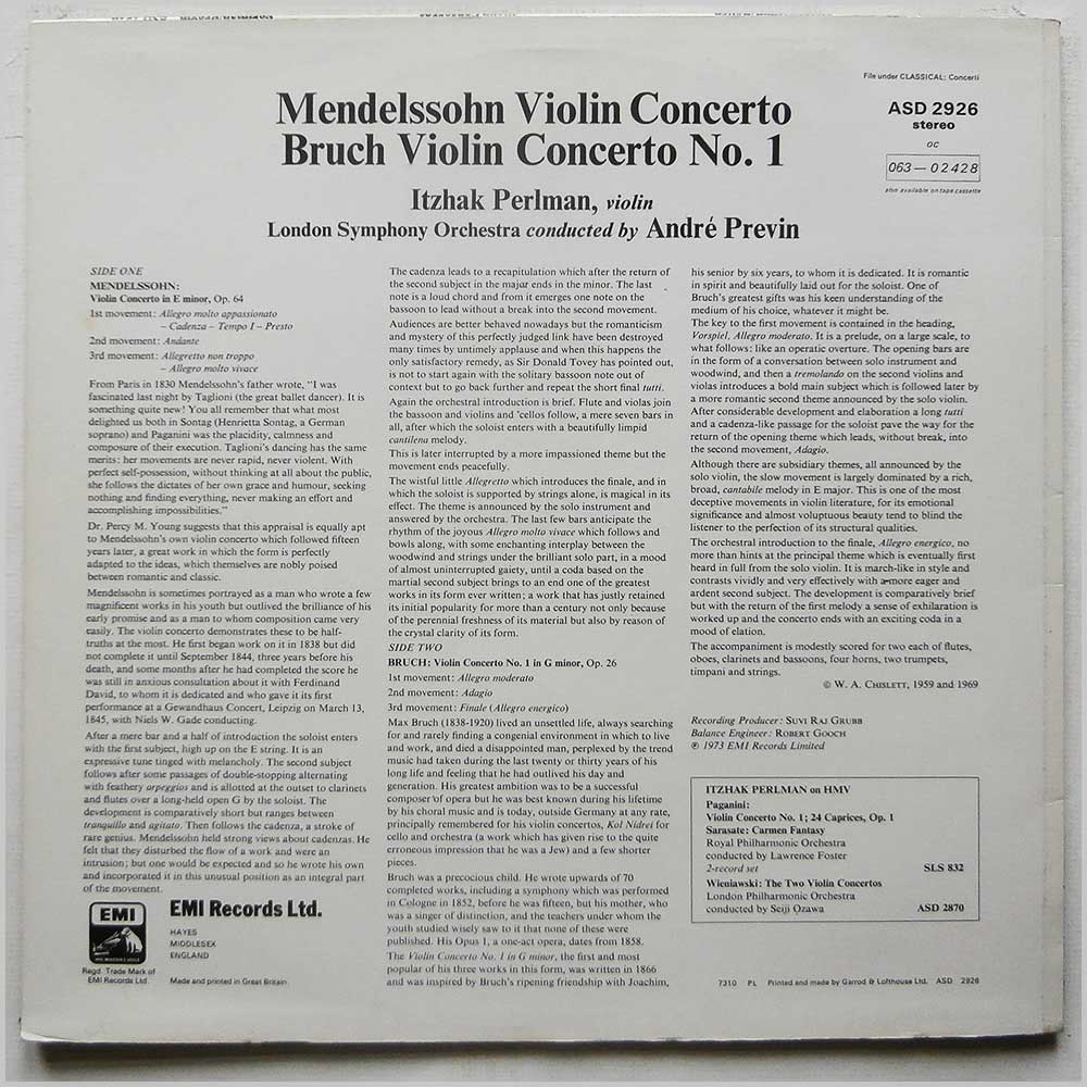 Itzhak Perlman, Andre Previn, London Symphony Orchestra - Mendelssohn: Violin Concerto, Bruch: Violin Concerto No. 1  (ASD 2926) 