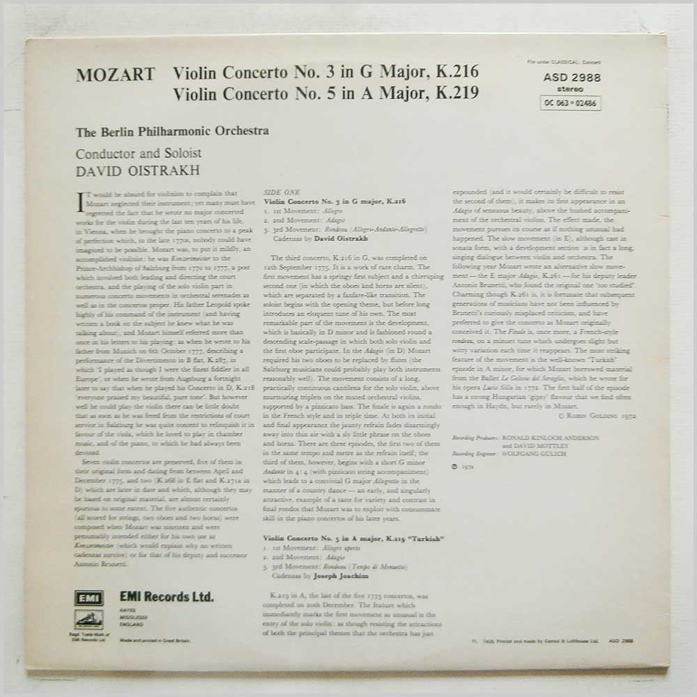 David Oistrakh, Berlin Philharmonic - Mozart: Violin Concertos  (ASD 2988) 