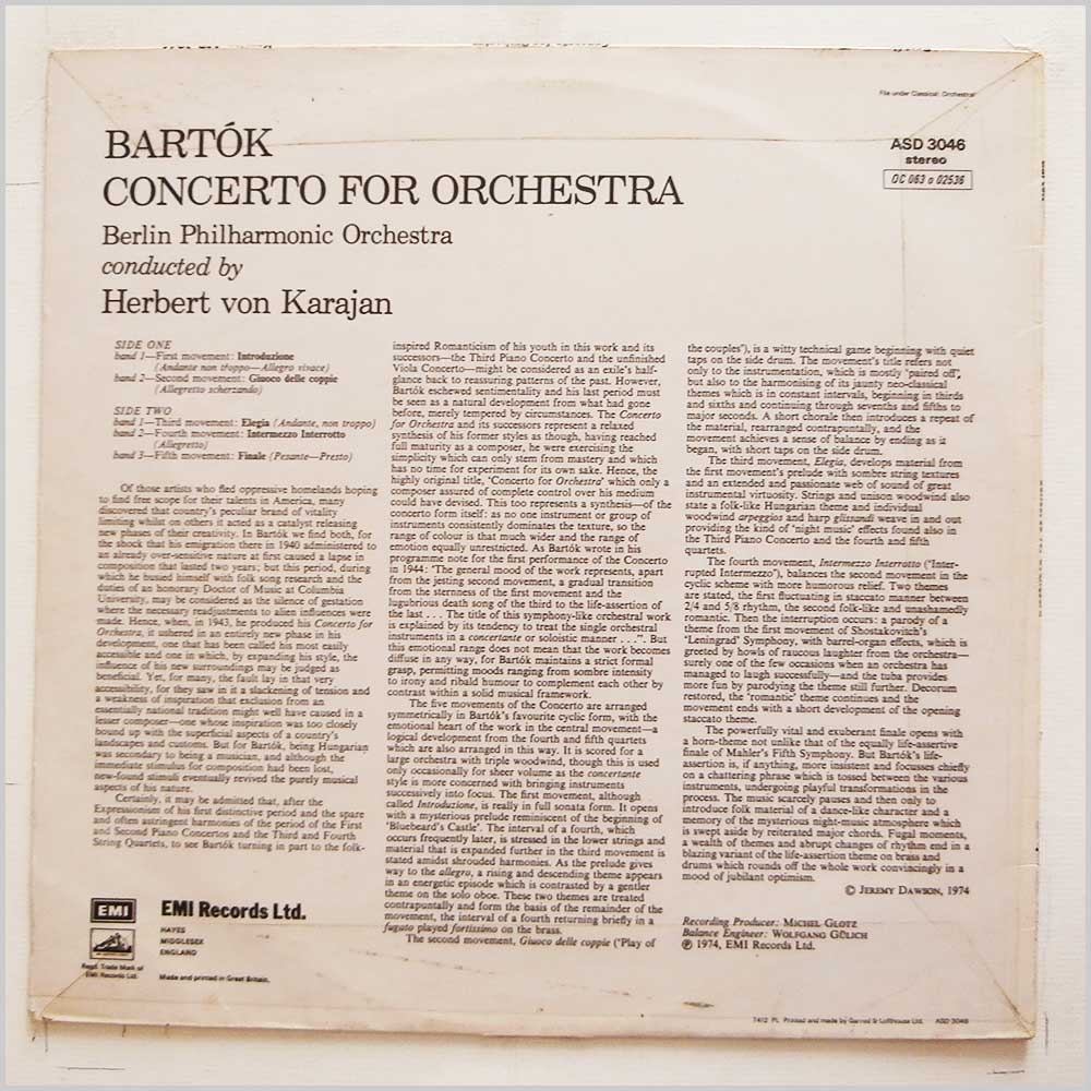 Herbert Von Karajan, Berlin Philharmonic - Bartok: Concerto For Orchestra  (ASD 3046) 