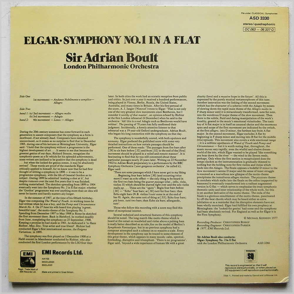 Sir Adrian Boult, London Philharmonic Orchestra - Elgar: Symphony No. 1  (ASD 3330) 