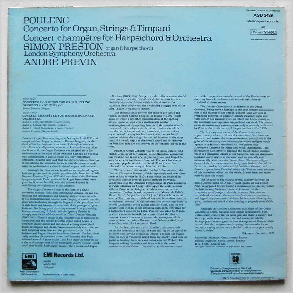 Simon Preston, Andre Previn, London Symphony Orchestra - Poulenc: Concerto For Organ, Strings & Timpani, Concert Champêtre For Harpsichord & Orchestra  (ASD 3489) 