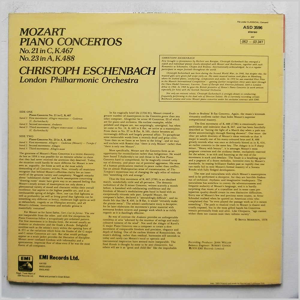 Christoph Eschenbach, London Philharmonic Orchestra - Mozart: Piano Concertos No. 21 In C, K.467, No. 23 In A, K.488  (ASD 3596) 