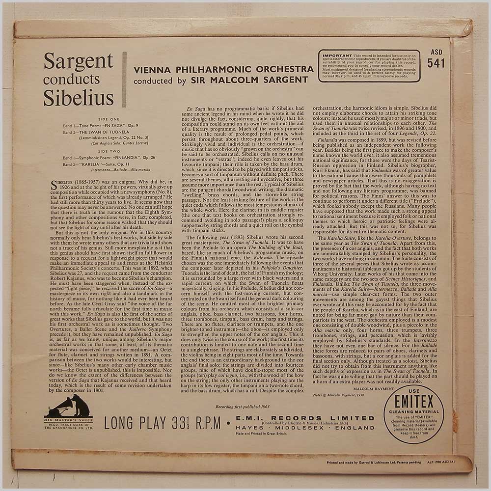Sir Malcolm Sargent, Vienna Philharmonic Orchestra - Sargent Conducts Sibelius  (ASD 541) 