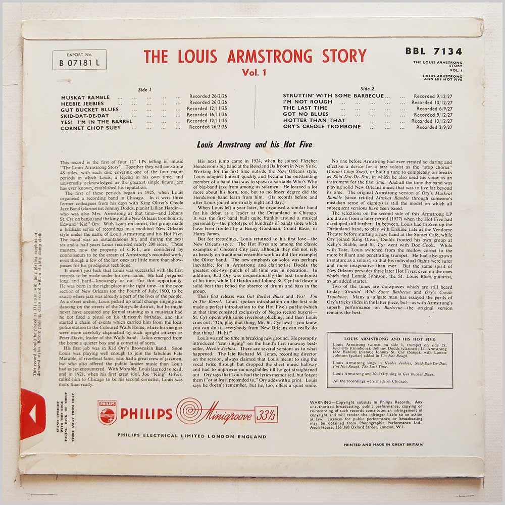 Louis Armstrong and His Hot Five - The Louis Armstrong Story Volume 1  (BBL 7134) 